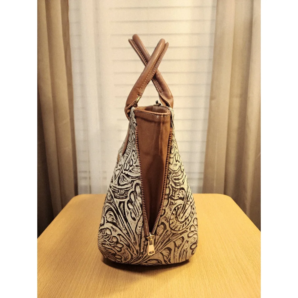 Brown Off White Zippered Floral Embossed Tooled Artisanal LEATHER Bag Purse